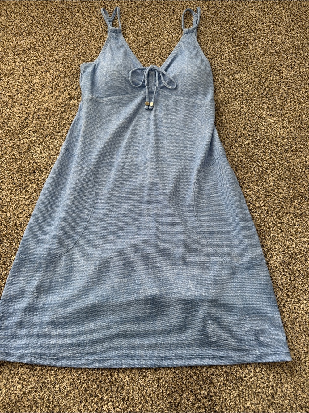 Tommy Bahama Light Blue Spaghetti-Strap Tie-Front Mini Dress w/pockets, Medium. - Picture 6 of 8
